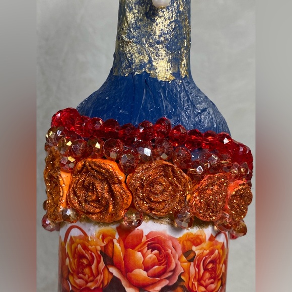 Hand Painted-Decoupaged Sugar Skull-Dia De Los Muertos-Day of the Dead Bottle - Picture 7 of 12
